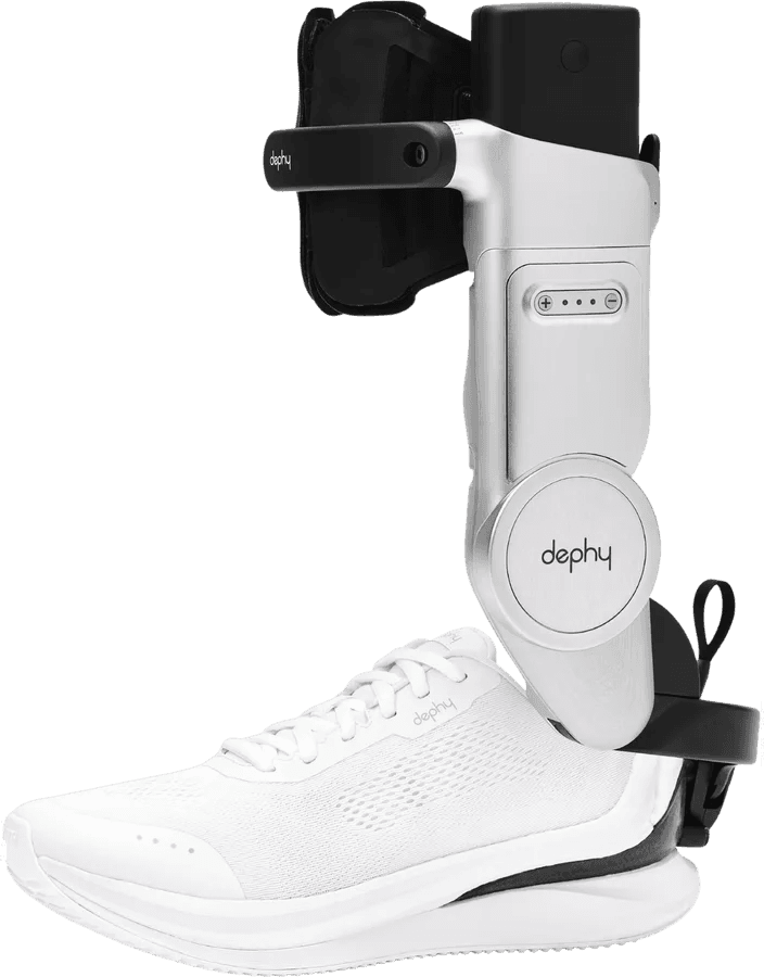 Dephy Sidekick attached to a white shoe, showing the ankle unit and shin strap.