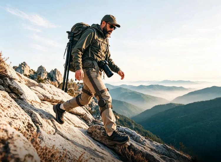 A hiker wearing an Ascentiz K steps down a rocky mountain trail.