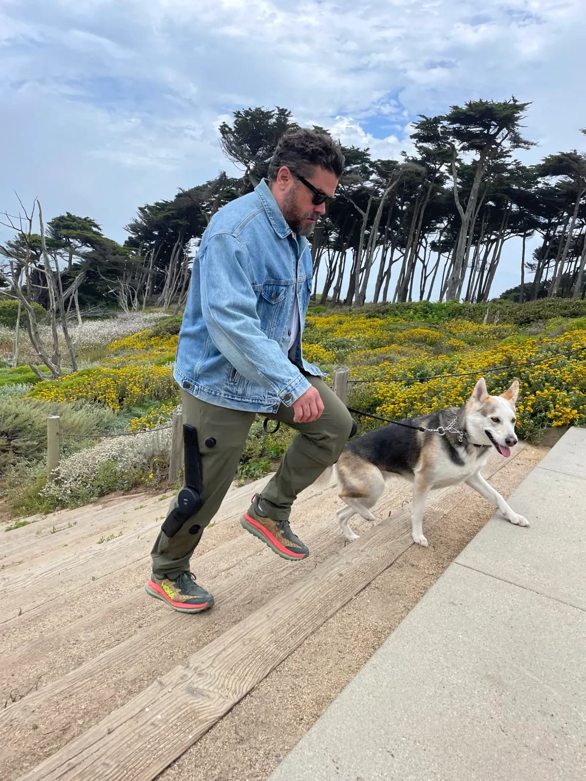 A person wearing MO/GO pants and a denim jacket walks a dog up outdoor steps.